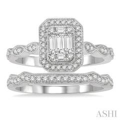 1/2 Ctw Emerald Shape Marquise Shank Baguette and Round Cut Diamond Bridal Set With 3/8 Ctw Engagement Ring and 1/6 Ctw Wedding Band in 14K White Gold