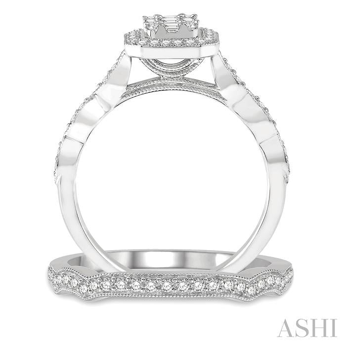 1/2 Ctw Emerald Shape Marquise Shank Baguette and Round Cut Diamond Bridal Set With 3/8 Ctw Engagement Ring and 1/6 Ctw Wedding Band in 14K White Gold