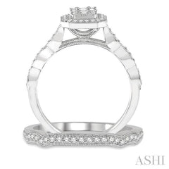 1/2 Ctw Emerald Shape Marquise Shank Baguette and Round Cut Diamond Bridal Set With 3/8 Ctw Engagement Ring and 1/6 Ctw Wedding Band in 14K White Gold