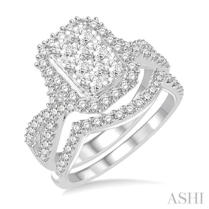 1 1/10 Ctw Lovebright Round Diamond Wedding Set With 7/8 Ctw Emerald Shape Engagement Ring and 1/5 Ctw Arched Center Wedding Band in 14K White Gold