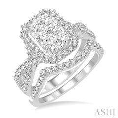 1 1/10 Ctw Lovebright Round Diamond Wedding Set With 7/8 Ctw Emerald Shape Engagement Ring and 1/5 Ctw Arched Center Wedding Band in 14K White Gold