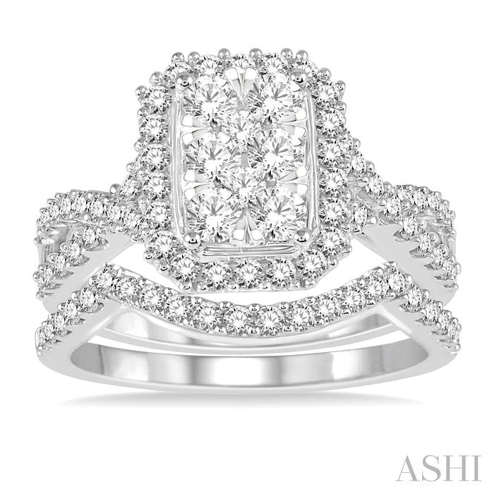 1 1/10 Ctw Lovebright Round Diamond Wedding Set With 7/8 Ctw Emerald Shape Engagement Ring and 1/5 Ctw Arched Center Wedding Band in 14K White Gold