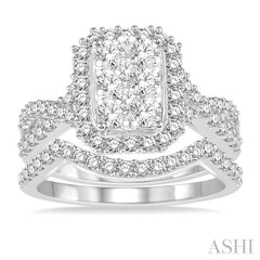 1 1/10 Ctw Lovebright Round Diamond Wedding Set With 7/8 Ctw Emerald Shape Engagement Ring and 1/5 Ctw Arched Center Wedding Band in 14K White Gold