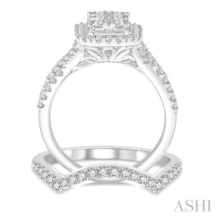 1 1/10 Ctw Lovebright Round Diamond Wedding Set With 7/8 Ctw Emerald Shape Engagement Ring and 1/5 Ctw Arched Center Wedding Band in 14K White Gold
