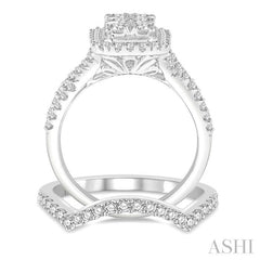 1 1/10 Ctw Lovebright Round Diamond Wedding Set With 7/8 Ctw Emerald Shape Engagement Ring and 1/5 Ctw Arched Center Wedding Band in 14K White Gold