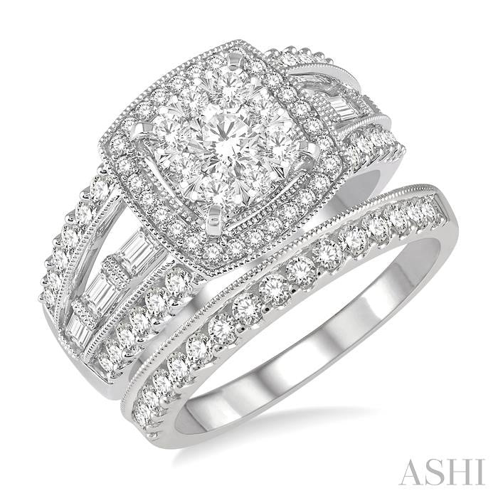 1 5/8 Ctw Cushion Shape Lovebright Round Cut Diamond Wedding Set With 1 3/8 Ctw Engagement Ring and 1/4 Ctw Wedding Band in 14K White Gold