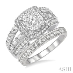 1 5/8 Ctw Cushion Shape Lovebright Round Cut Diamond Wedding Set With 1 3/8 Ctw Engagement Ring and 1/4 Ctw Wedding Band in 14K White Gold