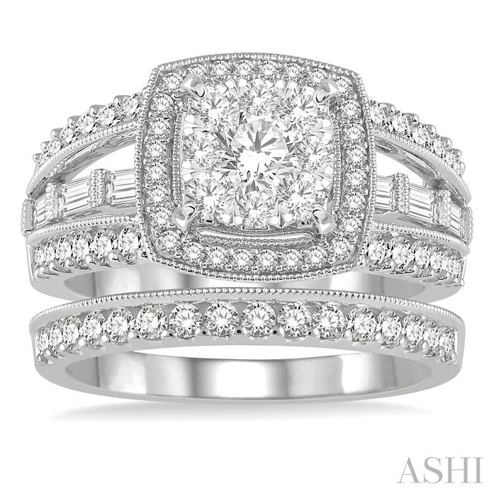 1 5/8 Ctw Cushion Shape Lovebright Round Cut Diamond Wedding Set With 1 3/8 Ctw Engagement Ring and 1/4 Ctw Wedding Band in 14K White Gold