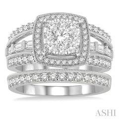 1 5/8 Ctw Cushion Shape Lovebright Round Cut Diamond Wedding Set With 1 3/8 Ctw Engagement Ring and 1/4 Ctw Wedding Band in 14K White Gold