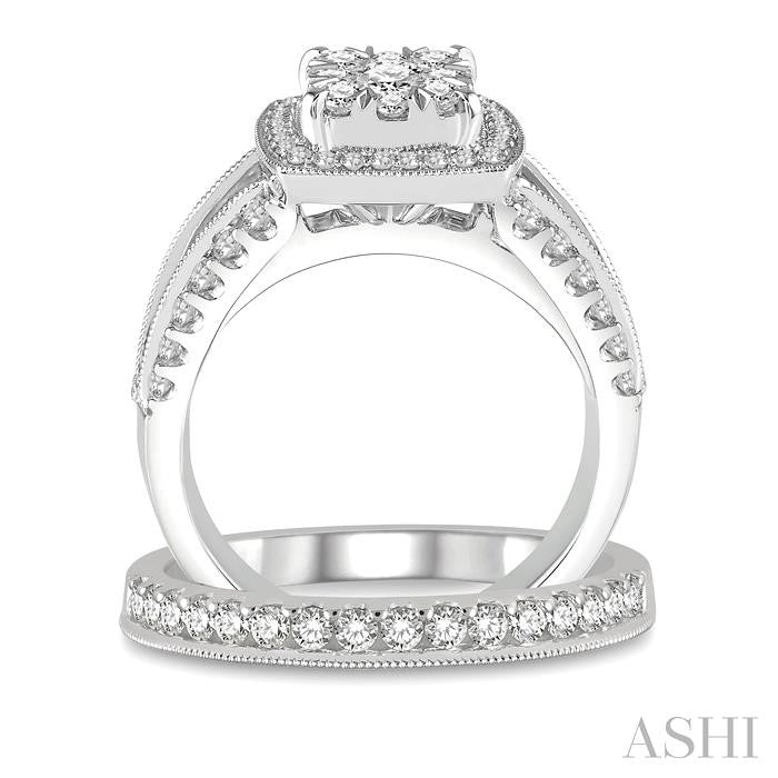 1 5/8 Ctw Cushion Shape Lovebright Round Cut Diamond Wedding Set With 1 3/8 Ctw Engagement Ring and 1/4 Ctw Wedding Band in 14K White Gold