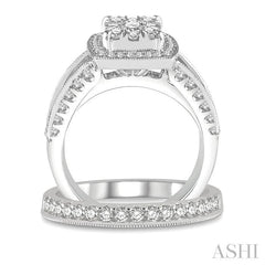 1 5/8 Ctw Cushion Shape Lovebright Round Cut Diamond Wedding Set With 1 3/8 Ctw Engagement Ring and 1/4 Ctw Wedding Band in 14K White Gold