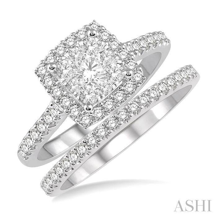 1 Ctw Lovebright Diamond Wedding Set With 3/4 Ctw Square Shape Engagement Ring and 1/5 Ctw Wedding Band in White and Yellow Gold in 14K