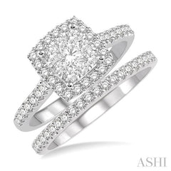 1 Ctw Lovebright Diamond Wedding Set With 3/4 Ctw Square Shape Engagement Ring and 1/5 Ctw Wedding Band in White and Yellow Gold in 14K