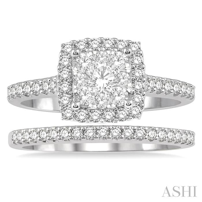 1 Ctw Lovebright Diamond Wedding Set With 3/4 Ctw Square Shape Engagement Ring and 1/5 Ctw Wedding Band in White and Yellow Gold in 14K