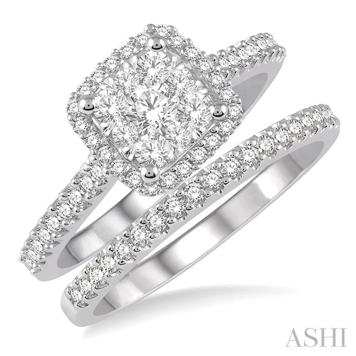 3/4 Ctw Lovebright Diamond Wedding Set With 1/2 Ctw Square Shape Engagement Ring 1/5 Ctw Wedding Band in 14K White and Yellow Gold