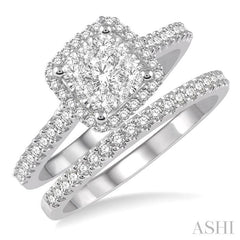 3/4 Ctw Lovebright Diamond Wedding Set With 1/2 Ctw Square Shape Engagement Ring 1/5 Ctw Wedding Band in 14K White and Yellow Gold