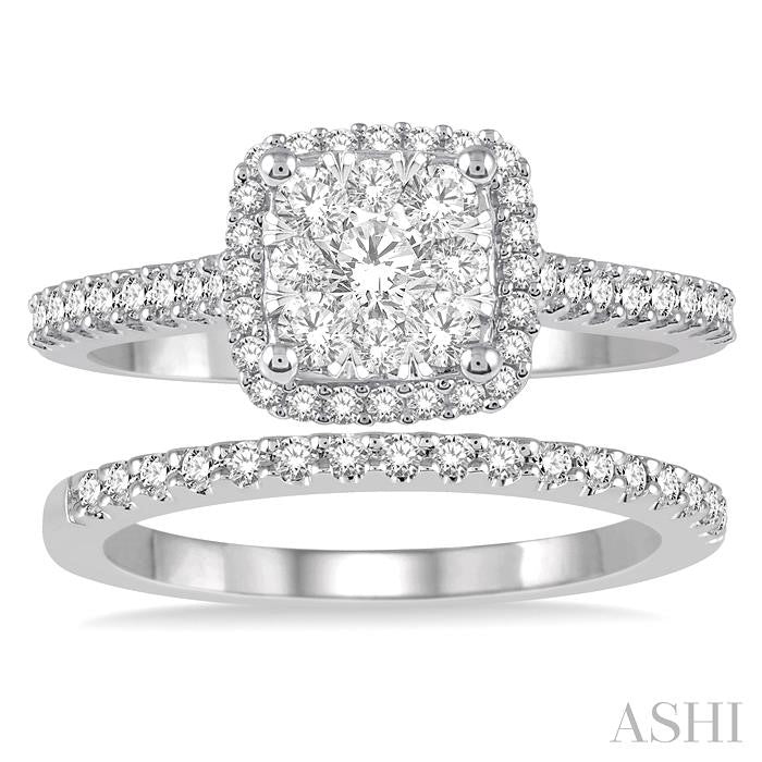 3/4 Ctw Lovebright Diamond Wedding Set With 1/2 Ctw Square Shape Engagement Ring 1/5 Ctw Wedding Band in 14K White and Yellow Gold