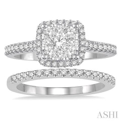 3/4 Ctw Lovebright Diamond Wedding Set With 1/2 Ctw Square Shape Engagement Ring 1/5 Ctw Wedding Band in 14K White and Yellow Gold