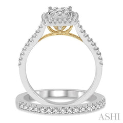 3/4 Ctw Lovebright Diamond Wedding Set With 1/2 Ctw Square Shape Engagement Ring 1/5 Ctw Wedding Band in 14K White and Yellow Gold