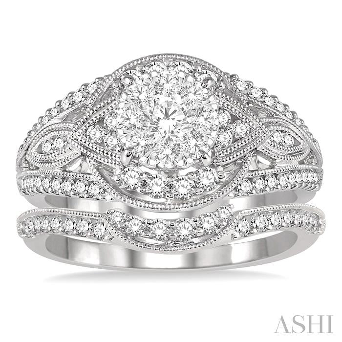 1 1/10 Ctw Diamond Lovebright Wedding Set with 7/8 Ctw Engagement Ring and 1/4 Ctw Wedding Band in 14K White Gold