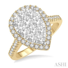 1 1/2 Ctw Pear Shape Round Cut Diamond Lovebright Cluster Ring in 14K Yellow and White Gold