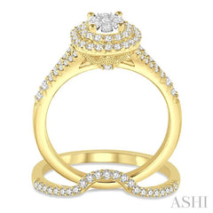 7/8 Ctw Lovebright Round Cut Diamond Wedding Set With 3/4 Ctw Oval Shape Engagement Ring and 1/6 Ctw Wedding Band in 14K Yellow and White Gold