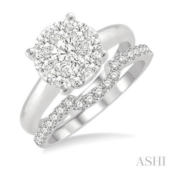 3/4 Ctw Lovebright Round Cut Diamond Wedding Set With 1/2 Ctw Circular Engagement Ring and 1/4 Ctw U-Shape Center Wedding Band in 14K White Gold