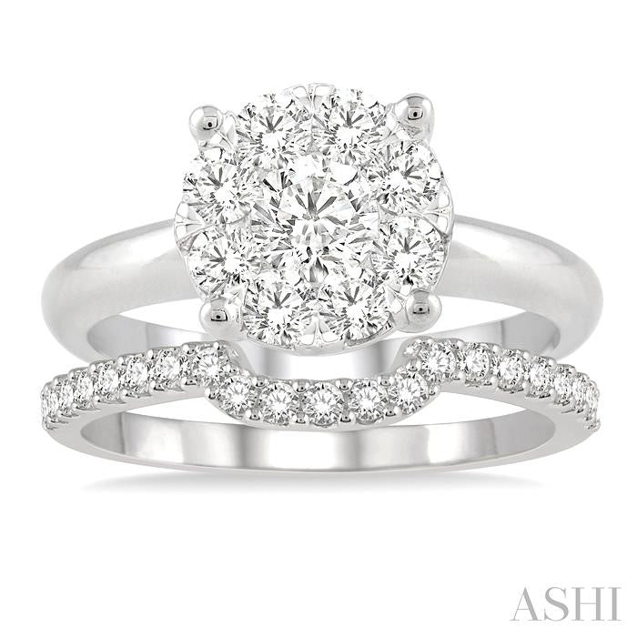 3/4 Ctw Lovebright Round Cut Diamond Wedding Set With 1/2 Ctw Circular Engagement Ring and 1/4 Ctw U-Shape Center Wedding Band in 14K White Gold