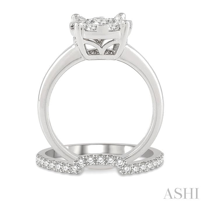 3/4 Ctw Lovebright Round Cut Diamond Wedding Set With 1/2 Ctw Circular Engagement Ring and 1/4 Ctw U-Shape Center Wedding Band in 14K White Gold
