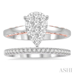 3/4 Ctw Lovebright Round Cut Diamond Wedding Set With 1/2 Ctw Pear Shape Two-Tone Engagement Ring and 1/5 Ctw Wedding Band in 14K White and Rose-Gold