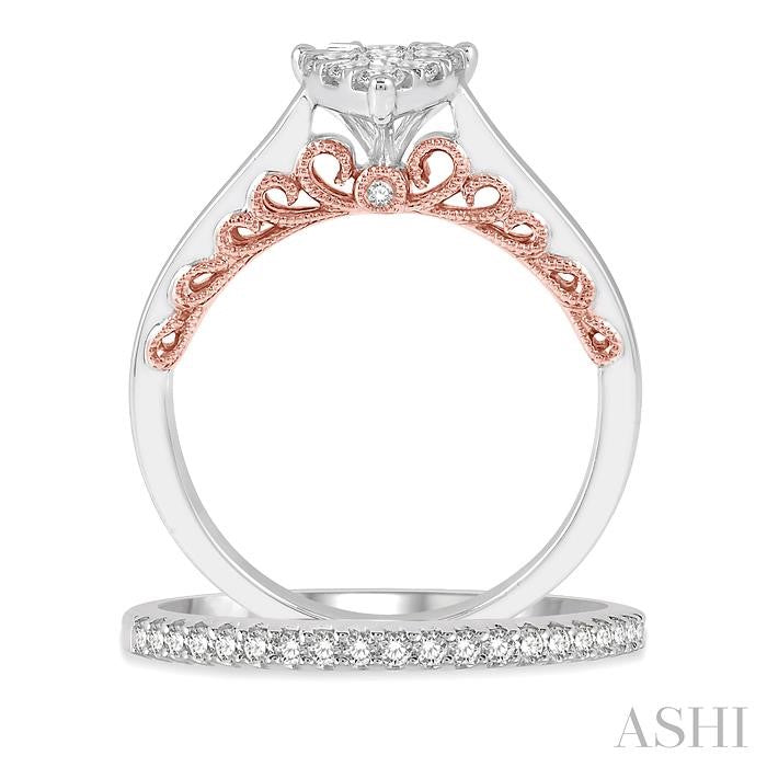 3/4 Ctw Lovebright Round Cut Diamond Wedding Set With 1/2 Ctw Pear Shape Two-Tone Engagement Ring and 1/5 Ctw Wedding Band in 14K White and Rose-Gold