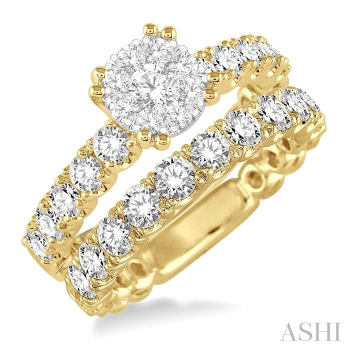 1 3/4 Ctw Diamond Lovebright Wedding Set with 1 Ctw Engagement Ring in Yellow and White Gold and 3/4 Ctw Wedding Band in 14K Yellow Gold