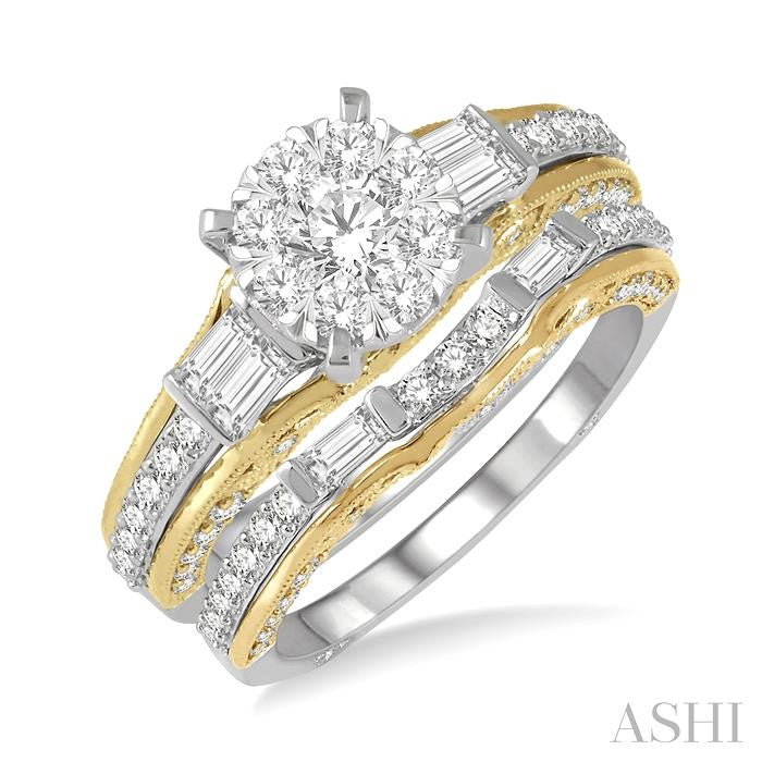1 1/3 Ctw Diamond Lovebright Wedding Set with 1 Ctw Engagement Ring in White and Yellow Gold and 1/3 Ctw Wedding Band in White and Yellow Gold in 14K