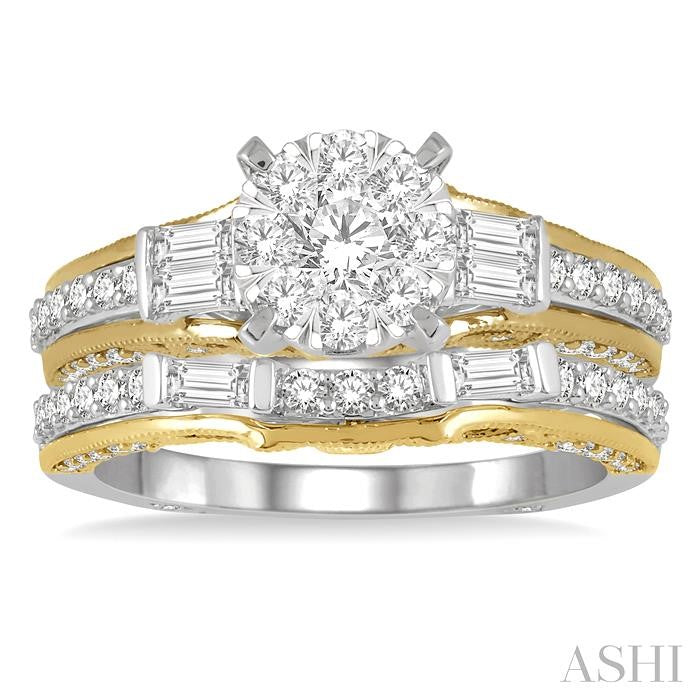 1 1/3 Ctw Diamond Lovebright Wedding Set with 1 Ctw Engagement Ring in White and Yellow Gold and 1/3 Ctw Wedding Band in White and Yellow Gold in 14K