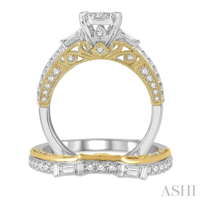 1 1/3 Ctw Diamond Lovebright Wedding Set with 1 Ctw Engagement Ring in White and Yellow Gold and 1/3 Ctw Wedding Band in White and Yellow Gold in 14K