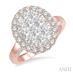 1 1/2 Ctw Oval Shape Lovebright Diamond Cluster Ring in 14K Rose and White Gold