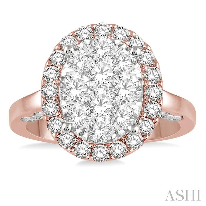 1 1/2 Ctw Oval Shape Lovebright Diamond Cluster Ring in 14K Rose and White Gold