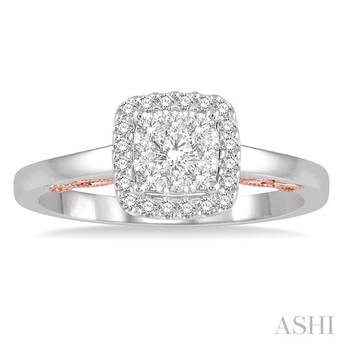 1/3 Ctw Cushion Shape Lovebright Round Cut Diamond Ring in 14K White and Rose Gold