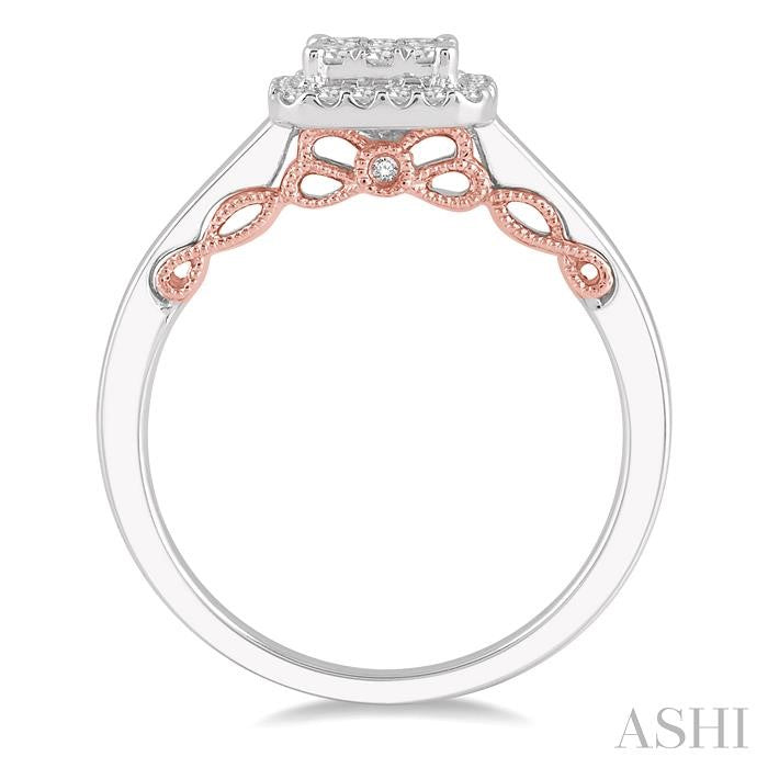 1/3 Ctw Cushion Shape Lovebright Round Cut Diamond Ring in 14K White and Rose Gold