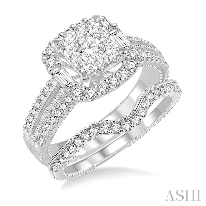1 1/6 Ctw Diamond Lovebright Square Shape Wedding Set with 1 Ctw Engagement Ring and 1/5 Ctw Wedding Band in 14K White Gold