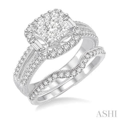 1 1/6 Ctw Diamond Lovebright Square Shape Wedding Set with 1 Ctw Engagement Ring and 1/5 Ctw Wedding Band in 14K White Gold