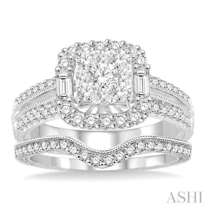 1 1/6 Ctw Diamond Lovebright Square Shape Wedding Set with 1 Ctw Engagement Ring and 1/5 Ctw Wedding Band in 14K White Gold