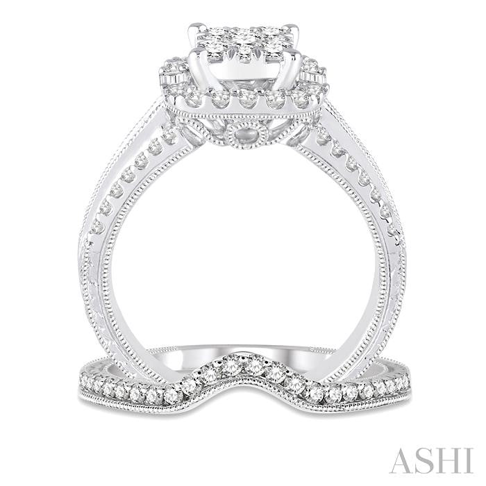1 1/6 Ctw Diamond Lovebright Square Shape Wedding Set with 1 Ctw Engagement Ring and 1/5 Ctw Wedding Band in 14K White Gold