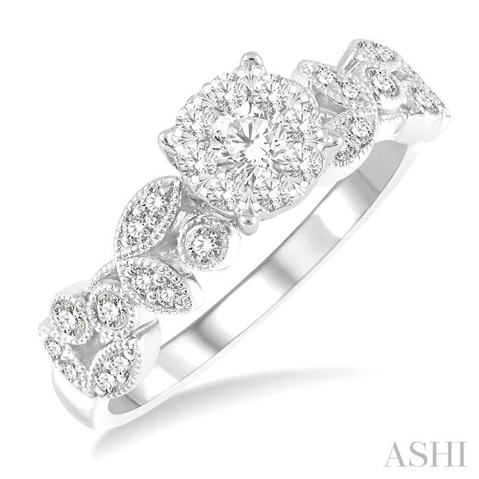 1/2 Ctw Marquise and Circular Mount Carved Lovebright Round Cut Diamond Engagement Ring in 14K White Gold