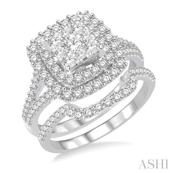 1 3/8 Ctw Lovebright Round Cut Diamond Wedding Set With 1 1/6 Ctw Cushion Shape Engagement Ring and 1/4 Ctw Scooped Wedding Band in 14K White Gold