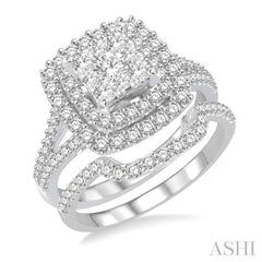 1 3/8 Ctw Lovebright Round Cut Diamond Wedding Set With 1 1/6 Ctw Cushion Shape Engagement Ring and 1/4 Ctw Scooped Wedding Band in 14K White Gold
