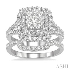 1 3/8 Ctw Lovebright Round Cut Diamond Wedding Set With 1 1/6 Ctw Cushion Shape Engagement Ring and 1/4 Ctw Scooped Wedding Band in 14K White Gold