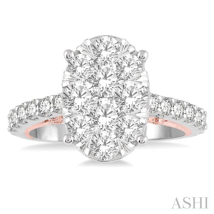 2 Ctw Oval Shape Lovebright Round Cut Diamond Ring in 14K White and Rose Gold