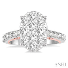 2 Ctw Oval Shape Lovebright Round Cut Diamond Ring in 14K White and Rose Gold