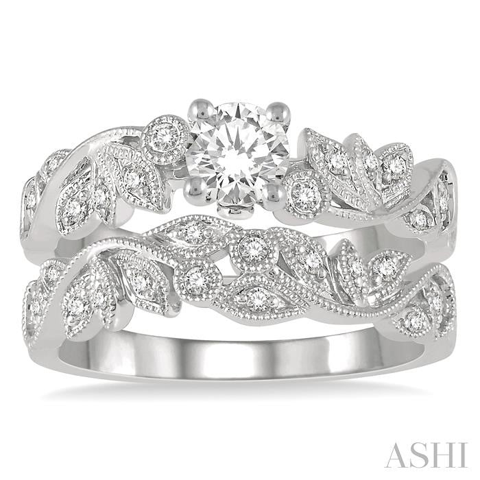1/2 Ctw Diamond Wedding Set with 1/2 Ctw Round Cut Engagement Ring and 1/10 Ctw Wedding Band in 14K White Gold